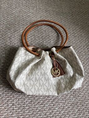 Michael Kors Cream MK Logo Ring Tote with Brown Leather Handles